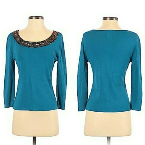 Ruby Rd. Sweater Fitted Stretch Beaded Jeweled Scoop Neck Turquoise Size S - Picture 11 of 11